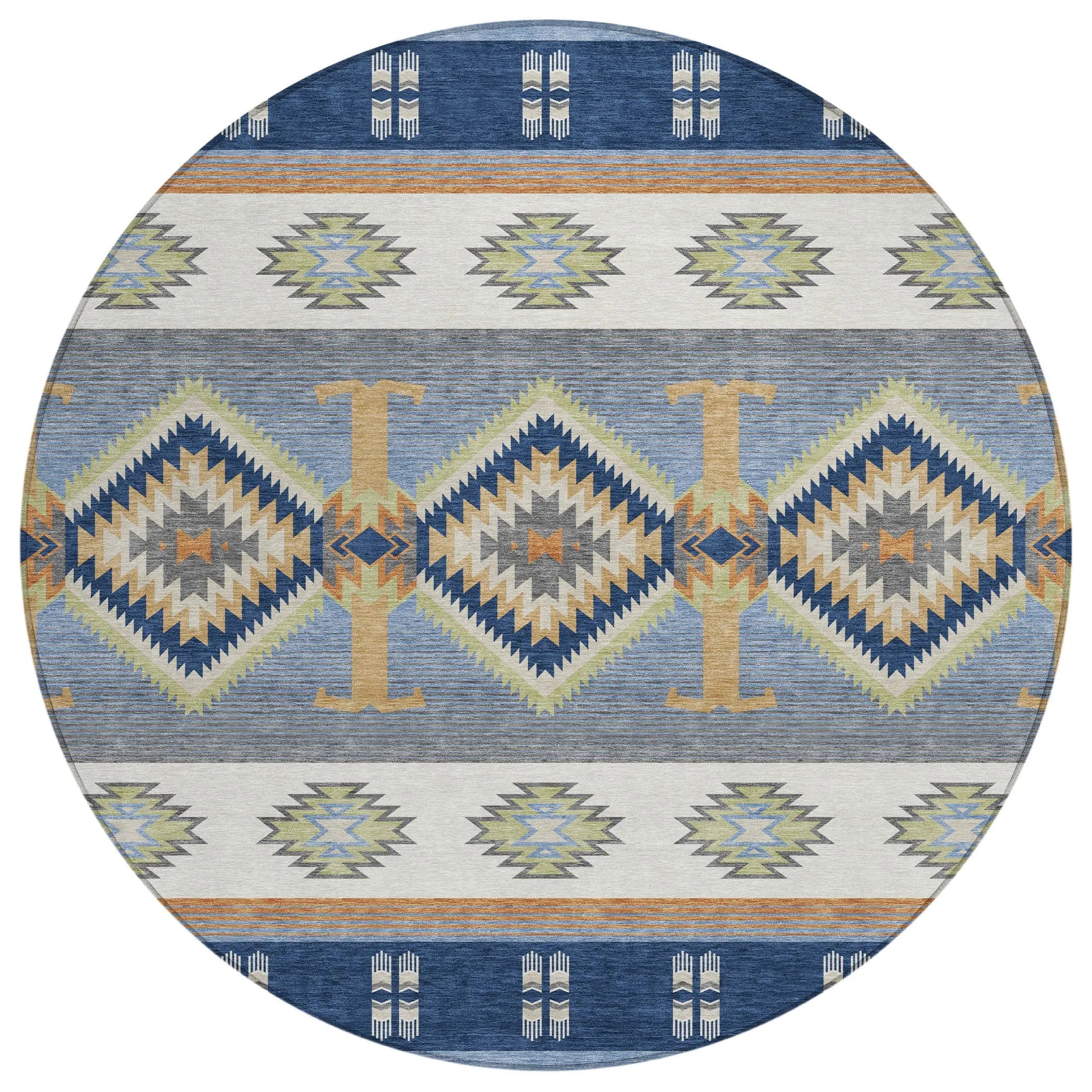 8' Navy Blue And Green Round Southwestern Washable Indoor Outdoor Area Rug Homeroots Outdoor
