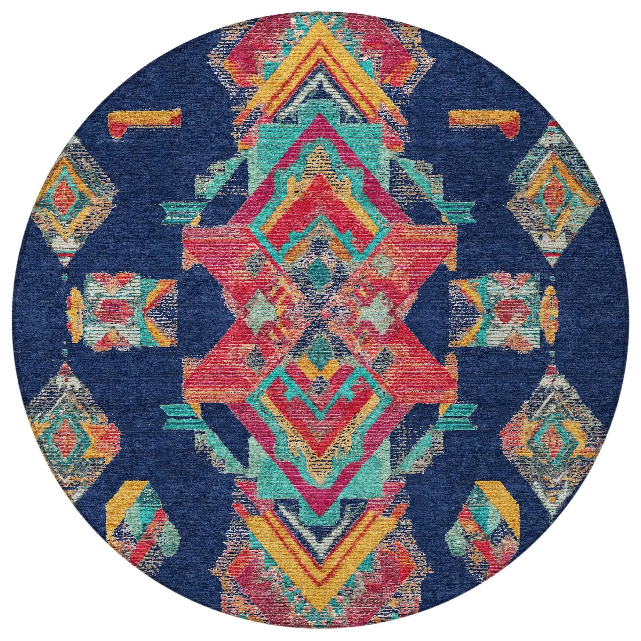 8' Navy Blue And Green Round Tribal Washable Indoor Outdoor Area Rug Homeroots Outdoor