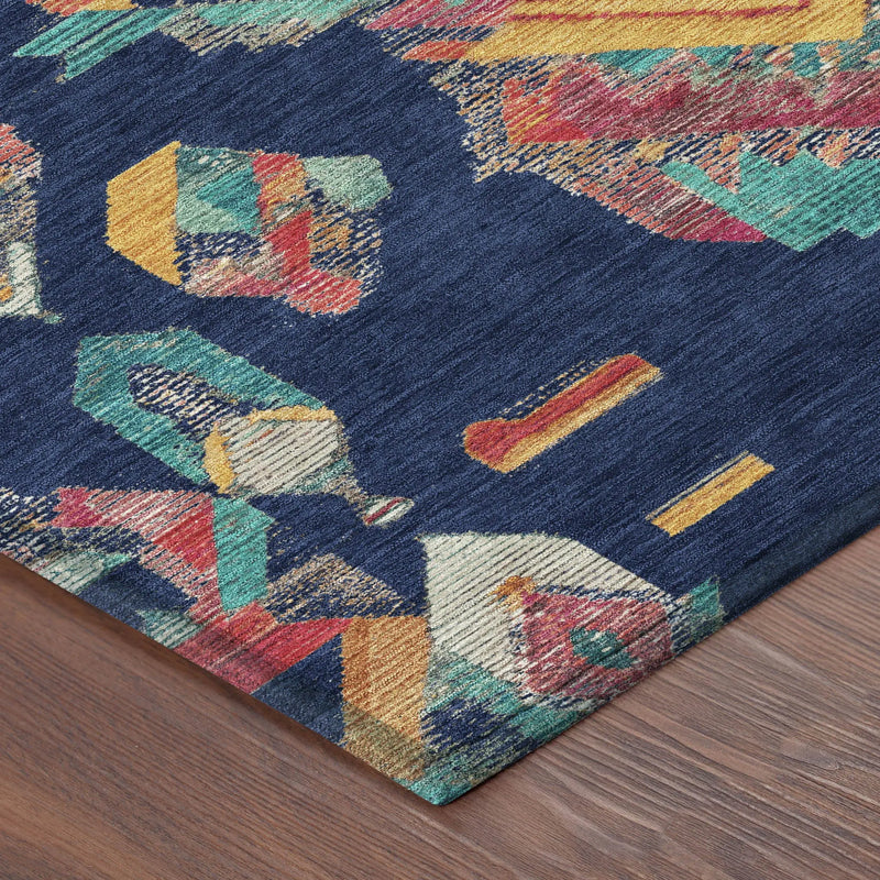 8' Navy Blue And Green Round Tribal Washable Indoor Outdoor Area Rug Homeroots Outdoor