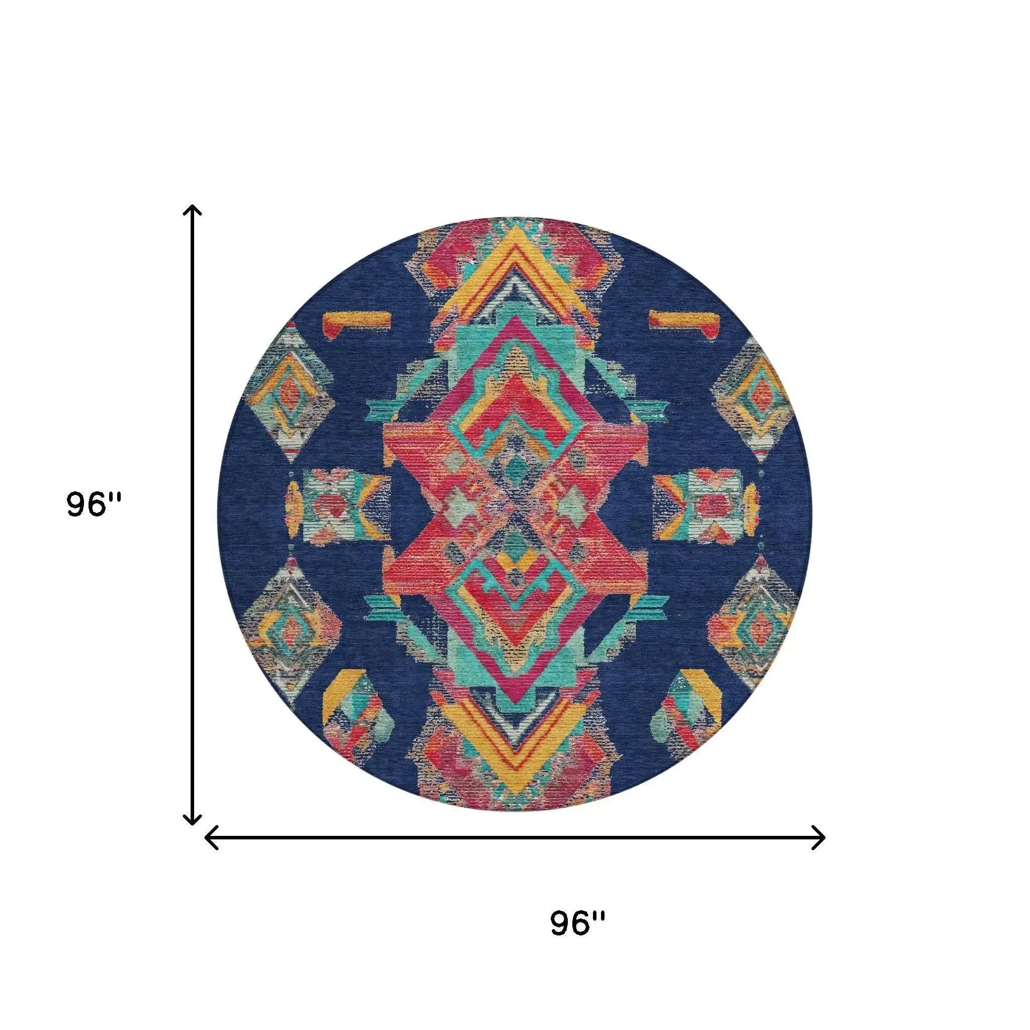 8' Navy Blue And Green Round Tribal Washable Indoor Outdoor Area Rug Homeroots Outdoor