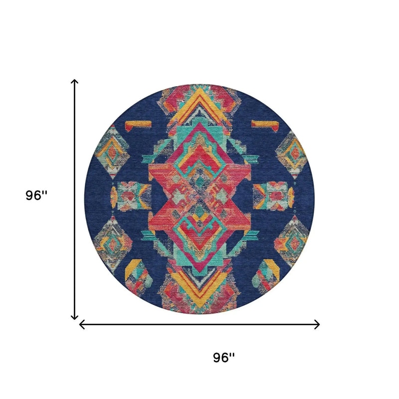 8' Navy Blue And Green Round Tribal Washable Indoor Outdoor Area Rug Homeroots Outdoor