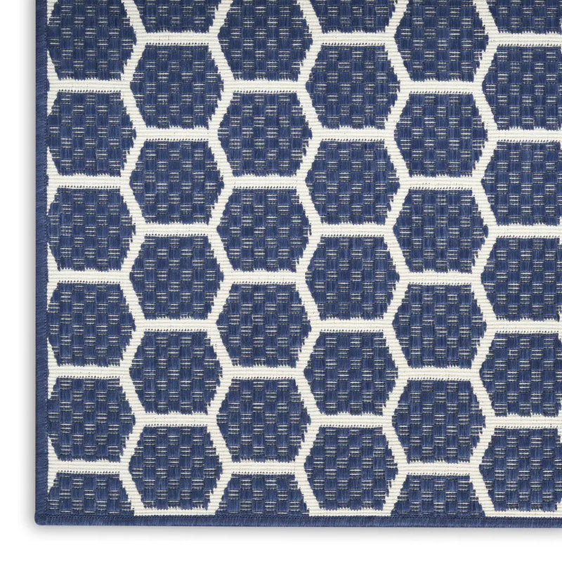 8' Navy Blue And Ivory Geometric Indoor Outdoor Runner Rug Homeroots Outdoor
