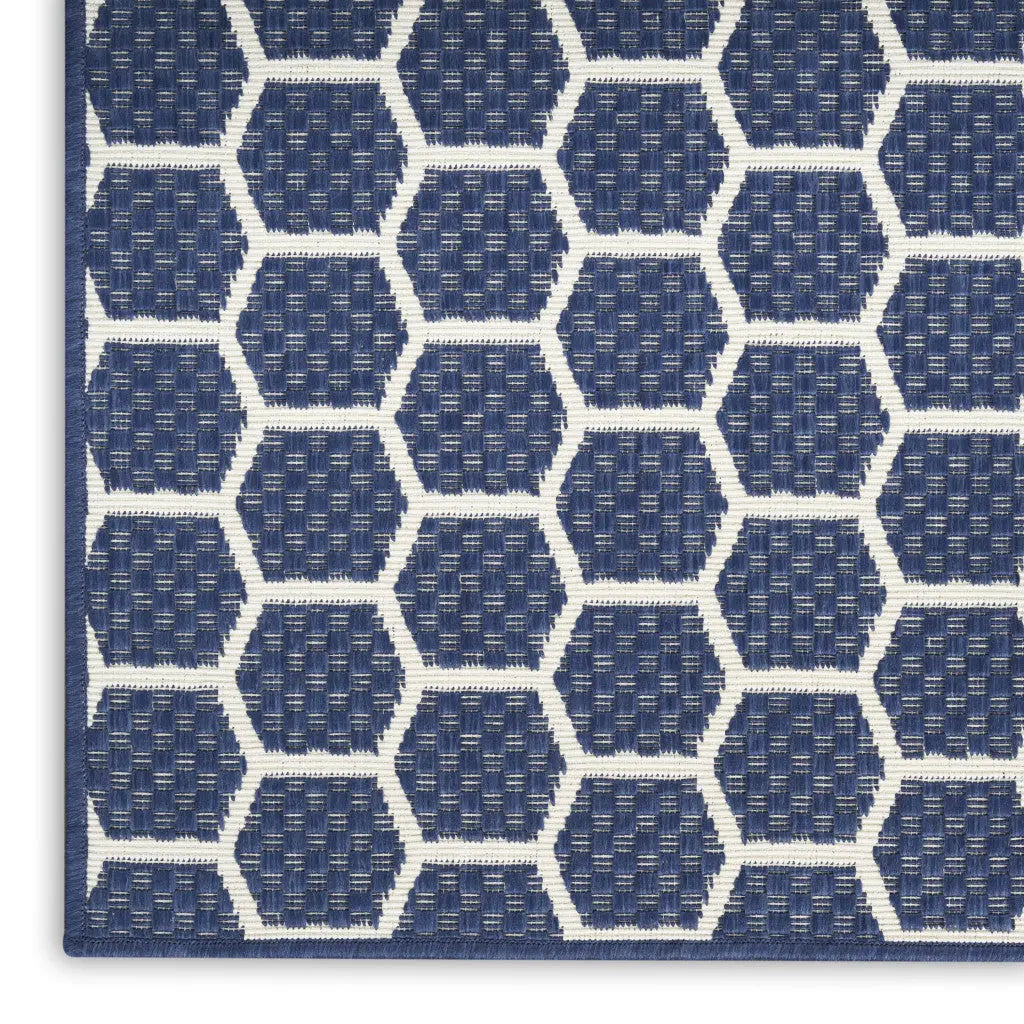 8' Navy Blue And Ivory Geometric Indoor Outdoor Runner Rug Homeroots Outdoor