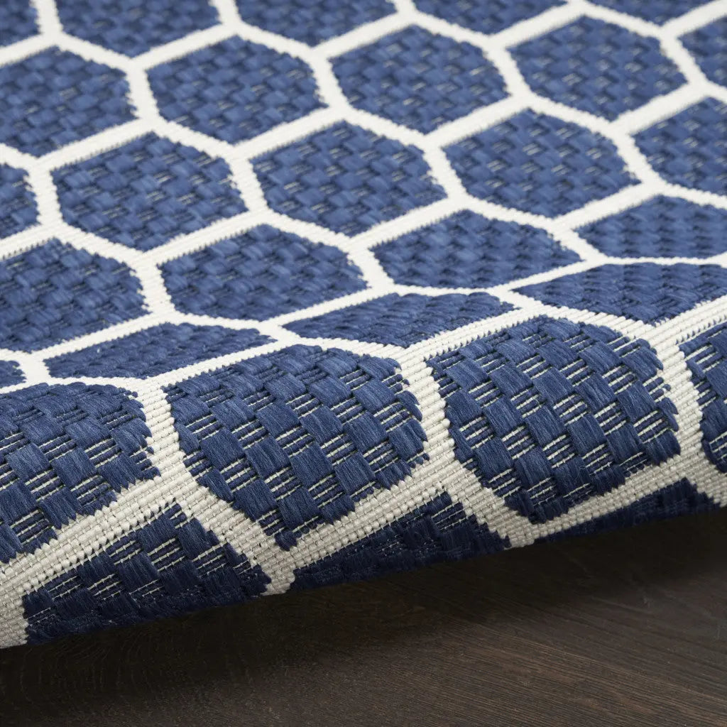 8' Navy Blue And Ivory Geometric Indoor Outdoor Runner Rug Homeroots Outdoor