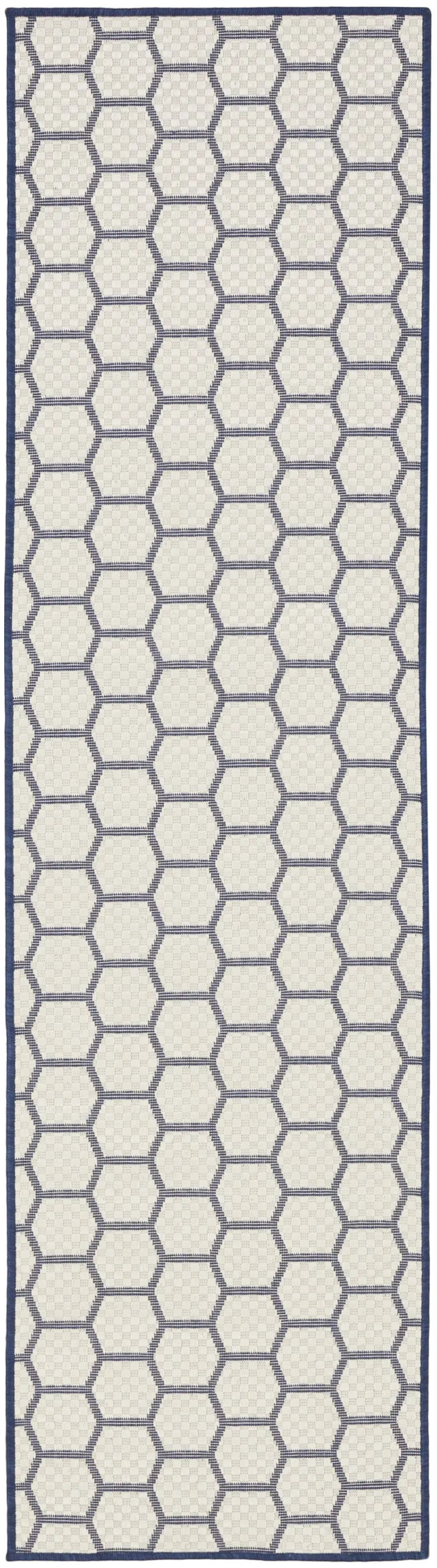 8' Navy Blue And Ivory Geometric Indoor Outdoor Runner Rug Homeroots Outdoor