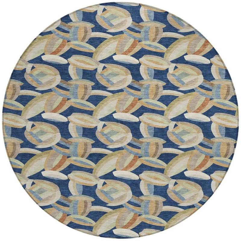 8' Navy Blue And Ivory Round Abstract Washable Indoor Outdoor Area Rug Homeroots Outdoor