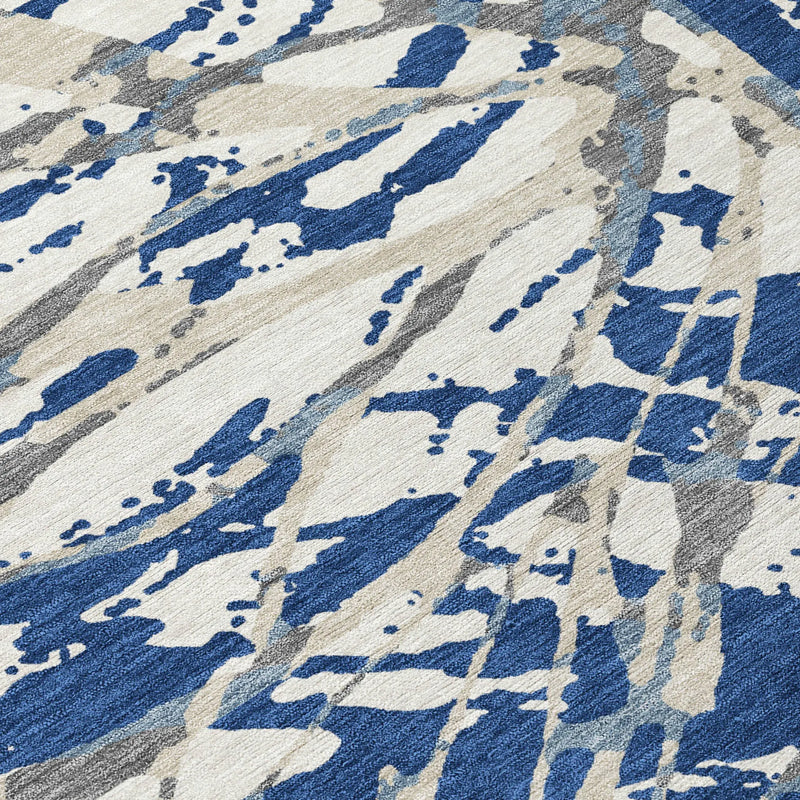 8' Navy Blue And Ivory Round Abstract Washable Indoor Outdoor Area Rug Homeroots Outdoor