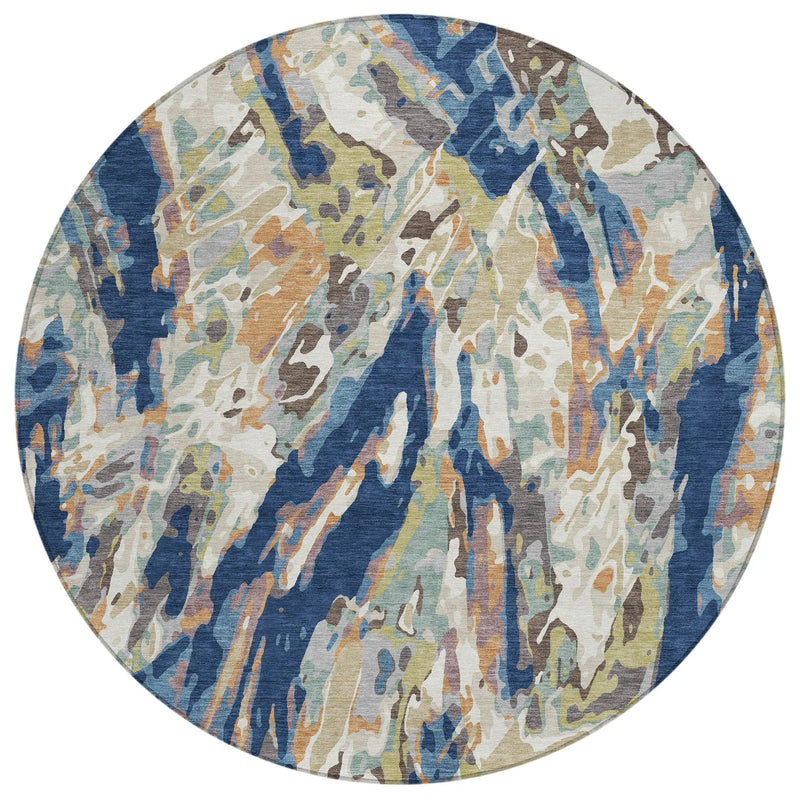 8' Navy Blue And Ivory Round Abstract Washable Indoor Outdoor Area Rug Homeroots Outdoor