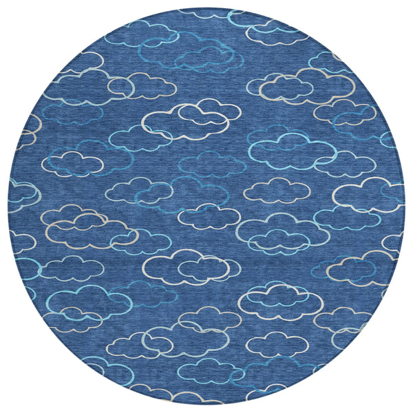 8' Navy Blue And Ivory Round Abstract Washable Indoor Outdoor Area Rug Homeroots Outdoor