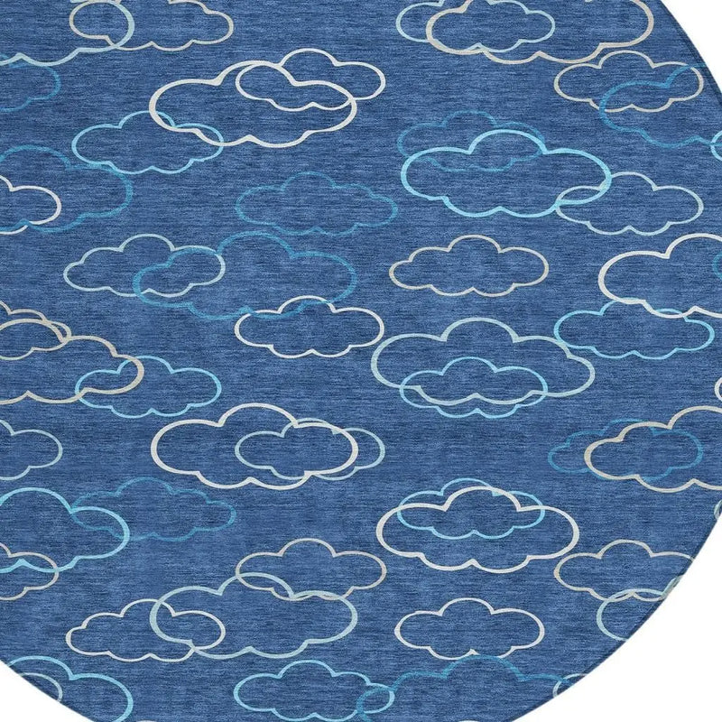 8' Navy Blue And Ivory Round Abstract Washable Indoor Outdoor Area Rug Homeroots Outdoor