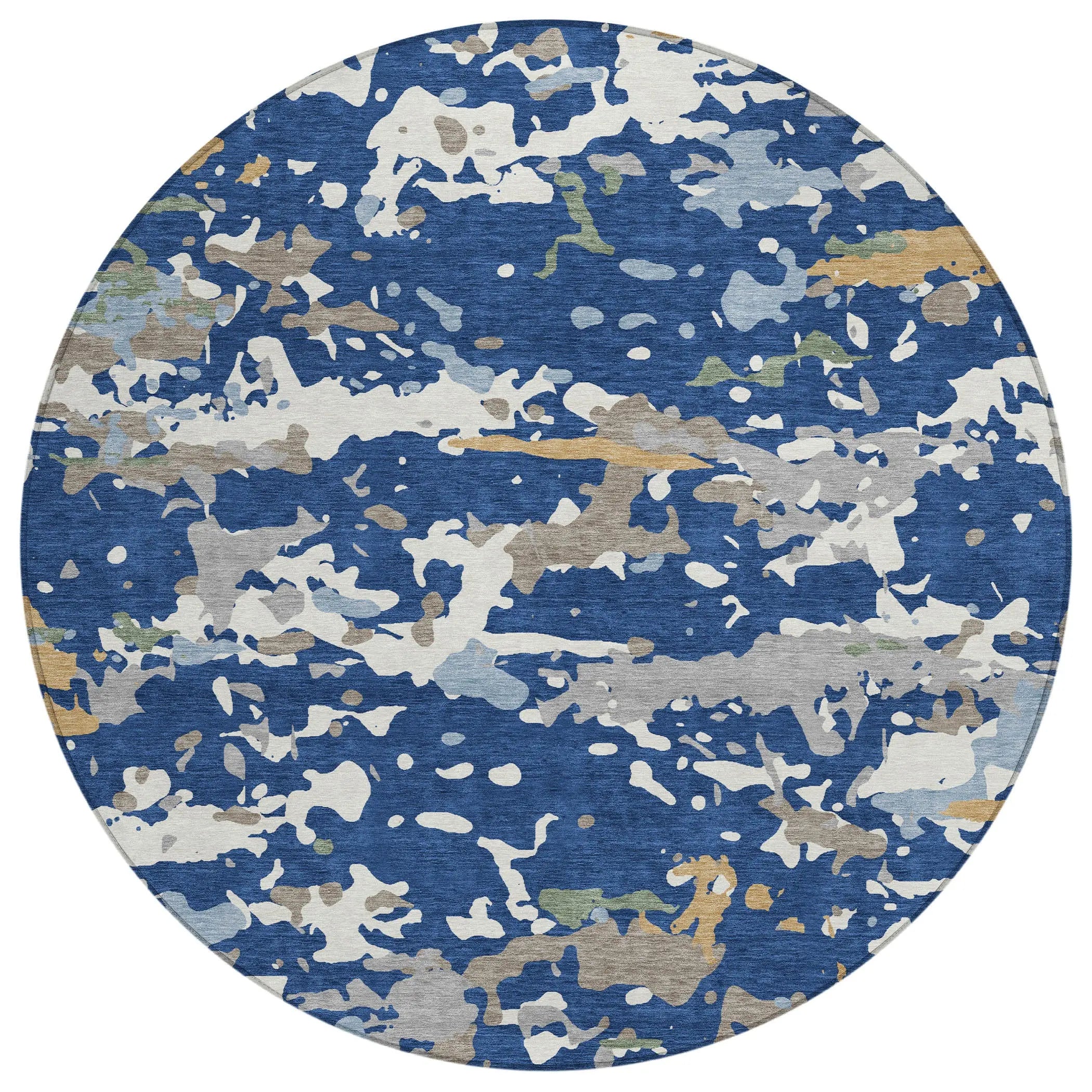 8' Navy Blue And Ivory Round Abstract Washable Indoor Outdoor Area Rug Homeroots Outdoor