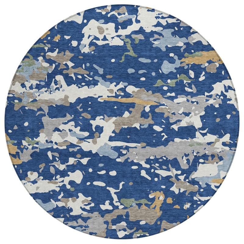 8' Navy Blue And Ivory Round Abstract Washable Indoor Outdoor Area Rug Homeroots Outdoor