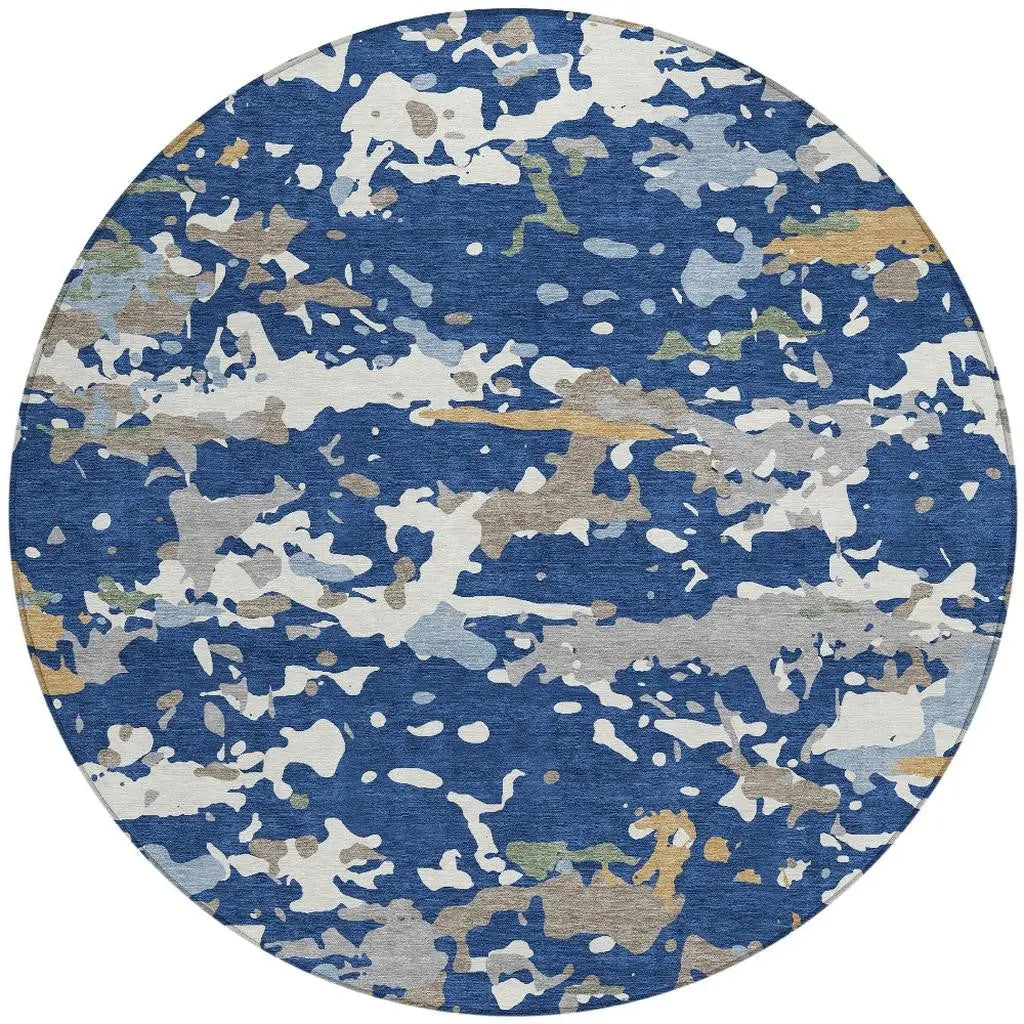 8' Navy Blue And Ivory Round Abstract Washable Indoor Outdoor Area Rug Homeroots Outdoor