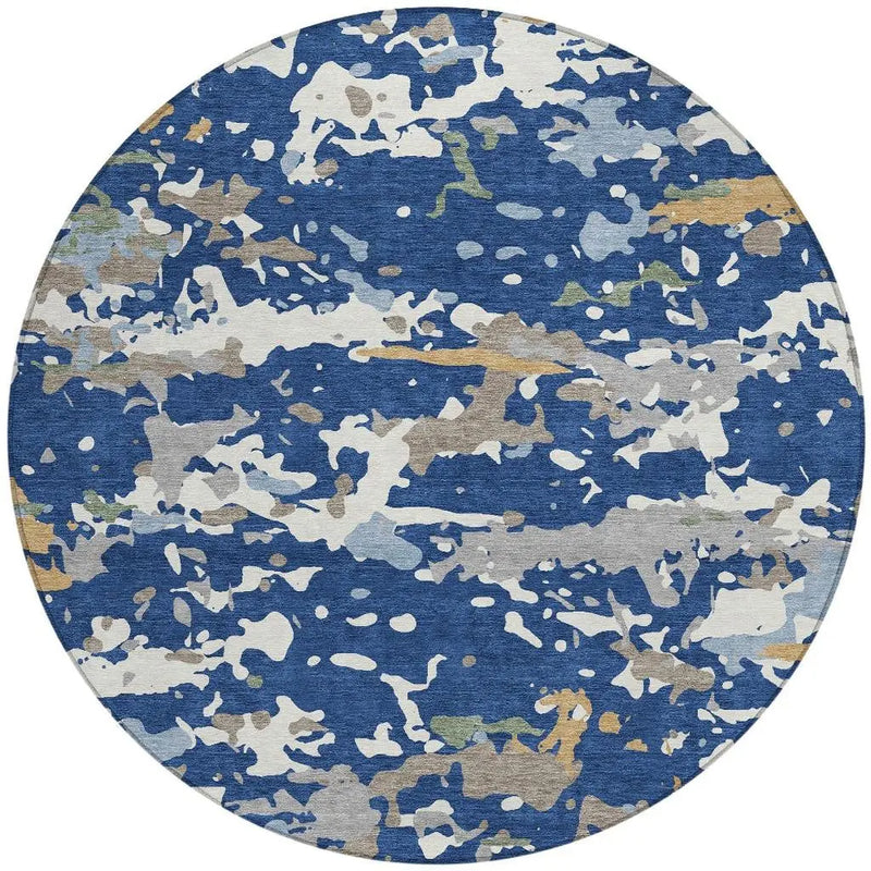 8' Navy Blue And Ivory Round Abstract Washable Indoor Outdoor Area Rug Homeroots Outdoor