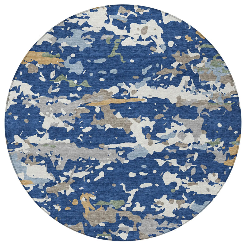 8' Navy Blue And Ivory Round Abstract Washable Indoor Outdoor Area Rug Homeroots Outdoor