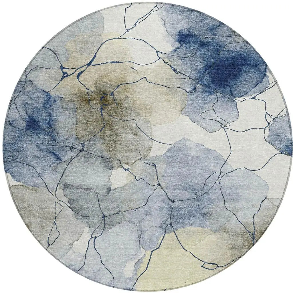 8' Navy Blue And Ivory Round Abstract Washable Indoor Outdoor Area Rug Homeroots Outdoor