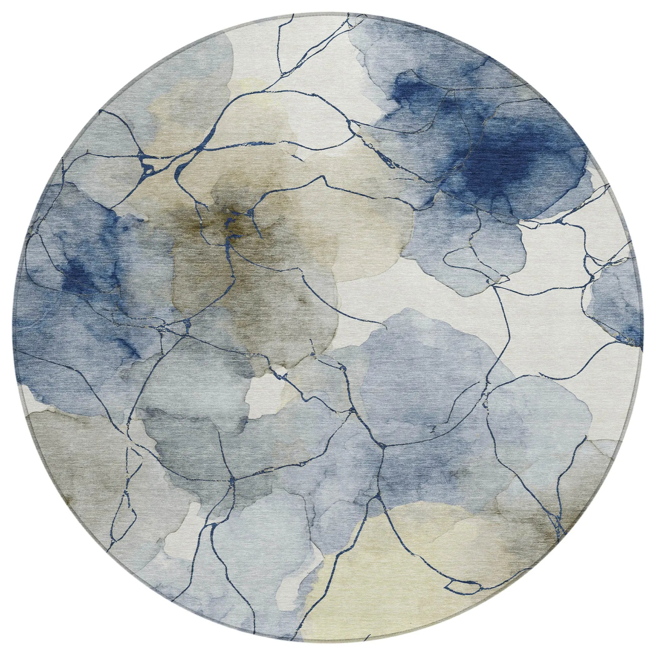 8' Navy Blue And Ivory Round Abstract Washable Indoor Outdoor Area Rug Homeroots Outdoor