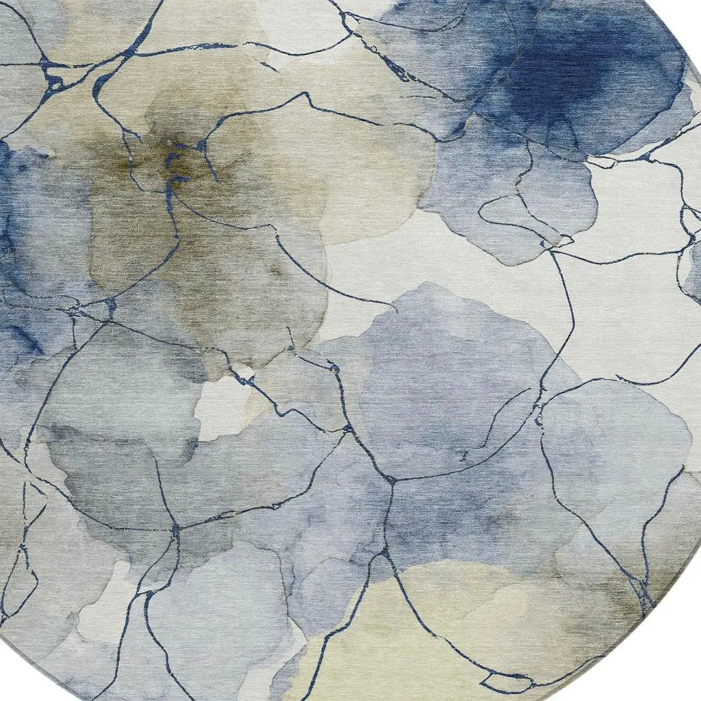 8' Navy Blue And Ivory Round Abstract Washable Indoor Outdoor Area Rug Homeroots Outdoor