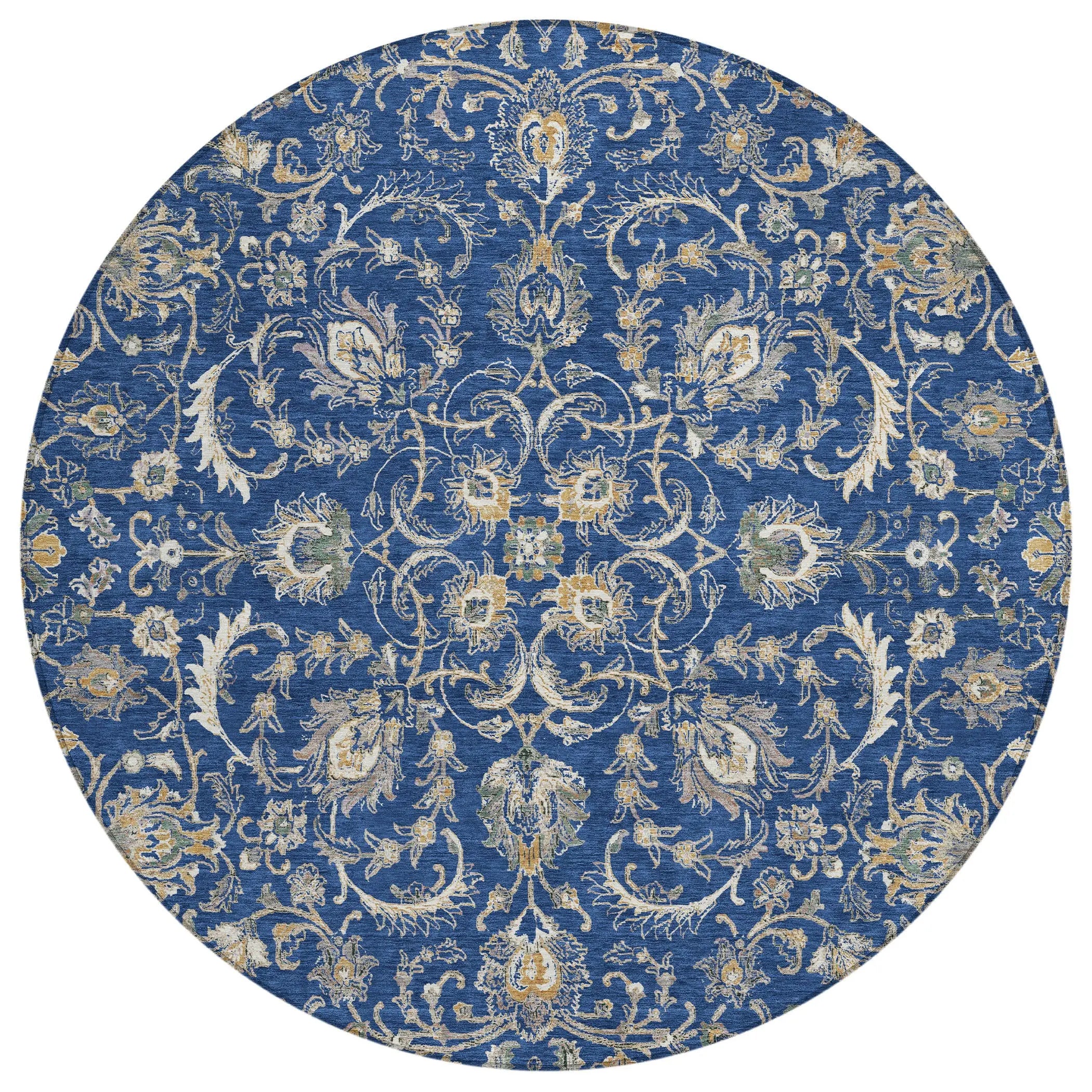 8' Navy Blue And Ivory Round Botanical Leaves Washable Indoor Outdoor Area Rug Homeroots Outdoor
