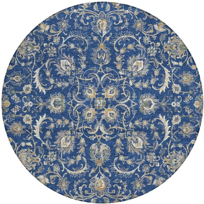 8' Navy Blue And Ivory Round Botanical Leaves Washable Indoor Outdoor Area Rug Homeroots Outdoor