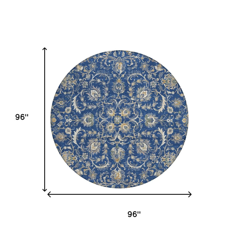 8' Navy Blue And Ivory Round Botanical Leaves Washable Indoor Outdoor Area Rug Homeroots Outdoor