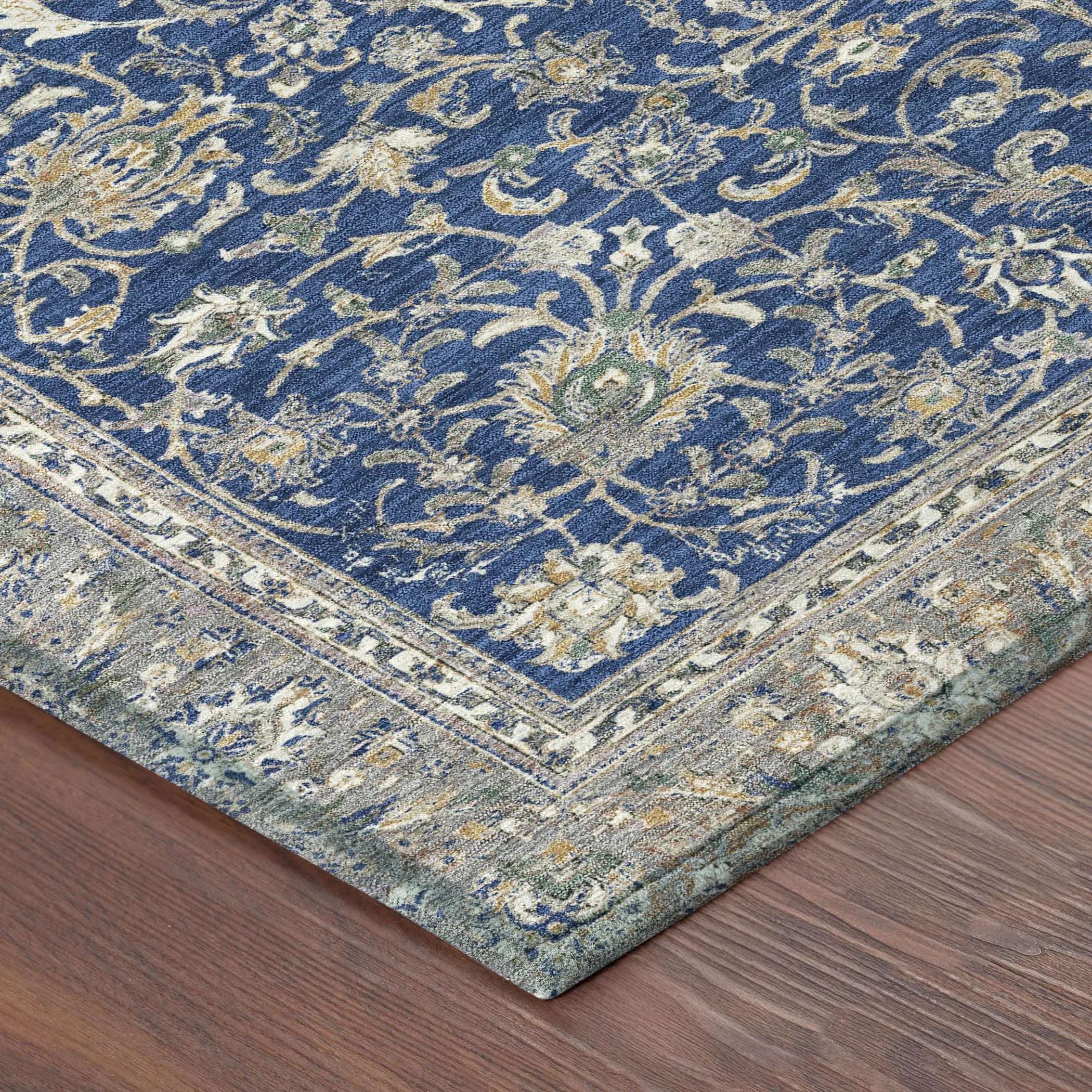 8' Navy Blue And Ivory Round Botanical Leaves Washable Indoor Outdoor Area Rug Homeroots Outdoor