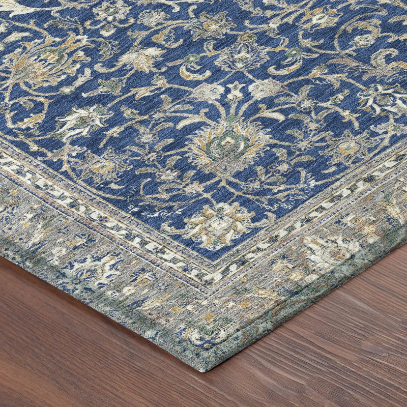 8' Navy Blue And Ivory Round Botanical Leaves Washable Indoor Outdoor Area Rug Homeroots Outdoor