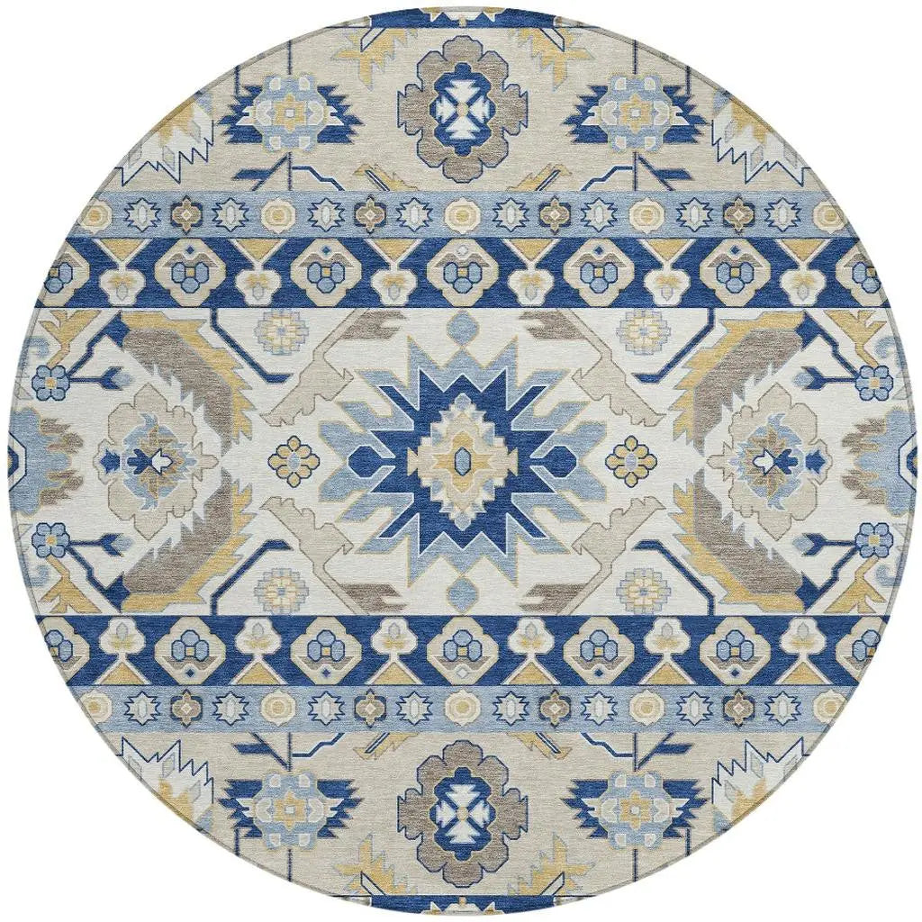 8' Navy Blue And Ivory Round Cactus Washable Indoor Outdoor Area Rug Homeroots Outdoor