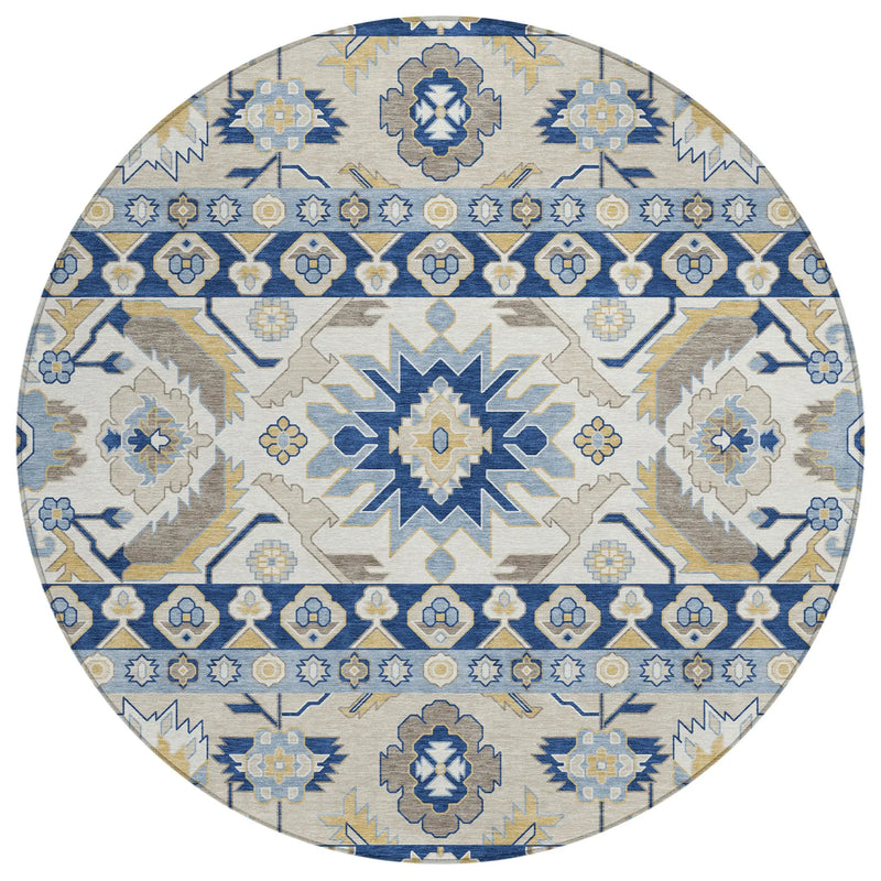 8' Navy Blue And Ivory Round Cactus Washable Indoor Outdoor Area Rug Homeroots Outdoor