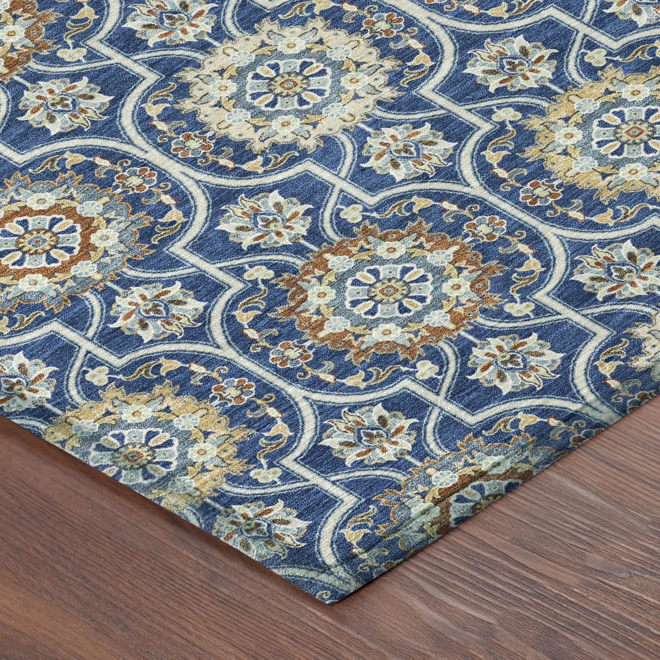 8' Navy Blue And Ivory Round Floral Medallion Washable Indoor Outdoor Area Rug Homeroots Outdoor