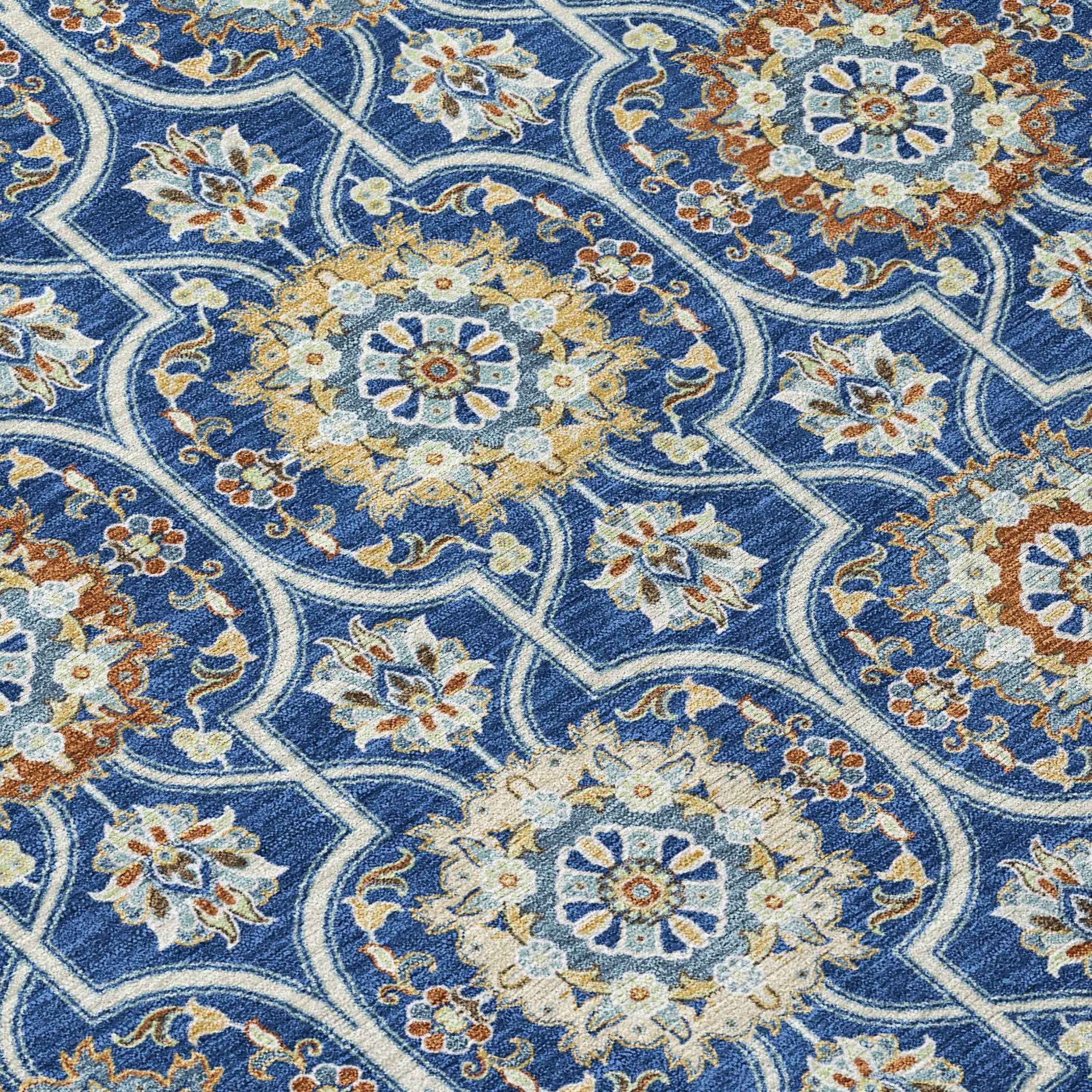 8' Navy Blue And Ivory Round Floral Medallion Washable Indoor Outdoor Area Rug Homeroots Outdoor