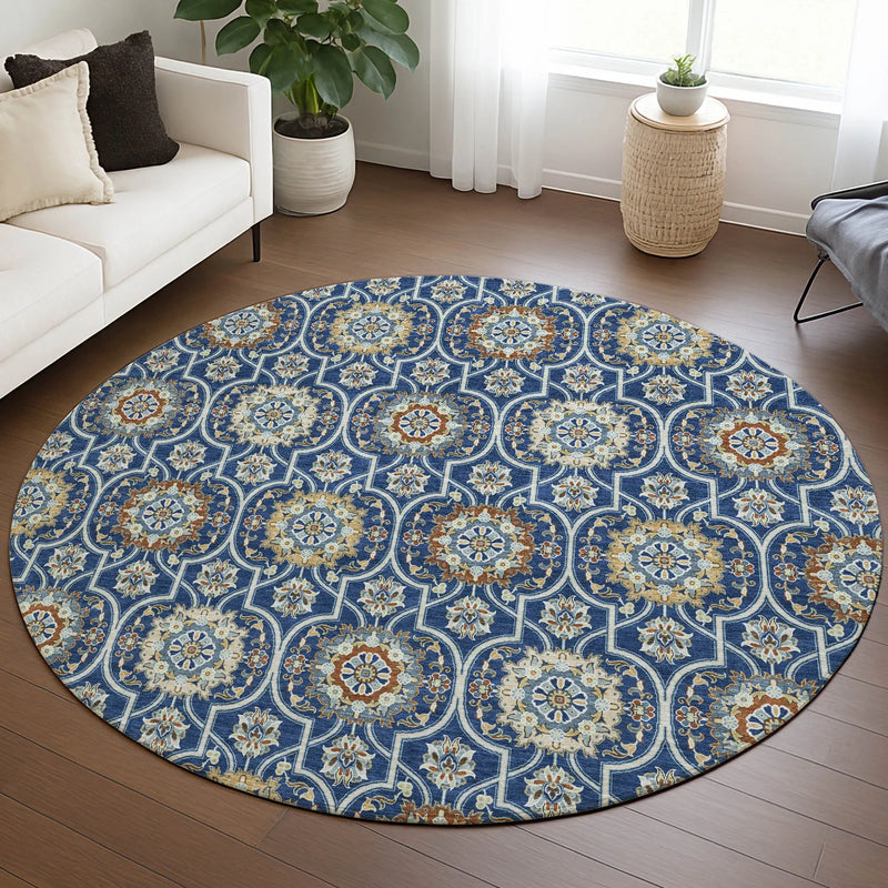 8' Navy Blue And Ivory Round Floral Medallion Washable Indoor Outdoor Area Rug Homeroots Outdoor