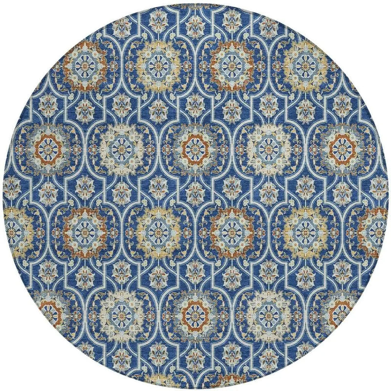 8' Navy Blue And Ivory Round Floral Medallion Washable Indoor Outdoor Area Rug Homeroots Outdoor