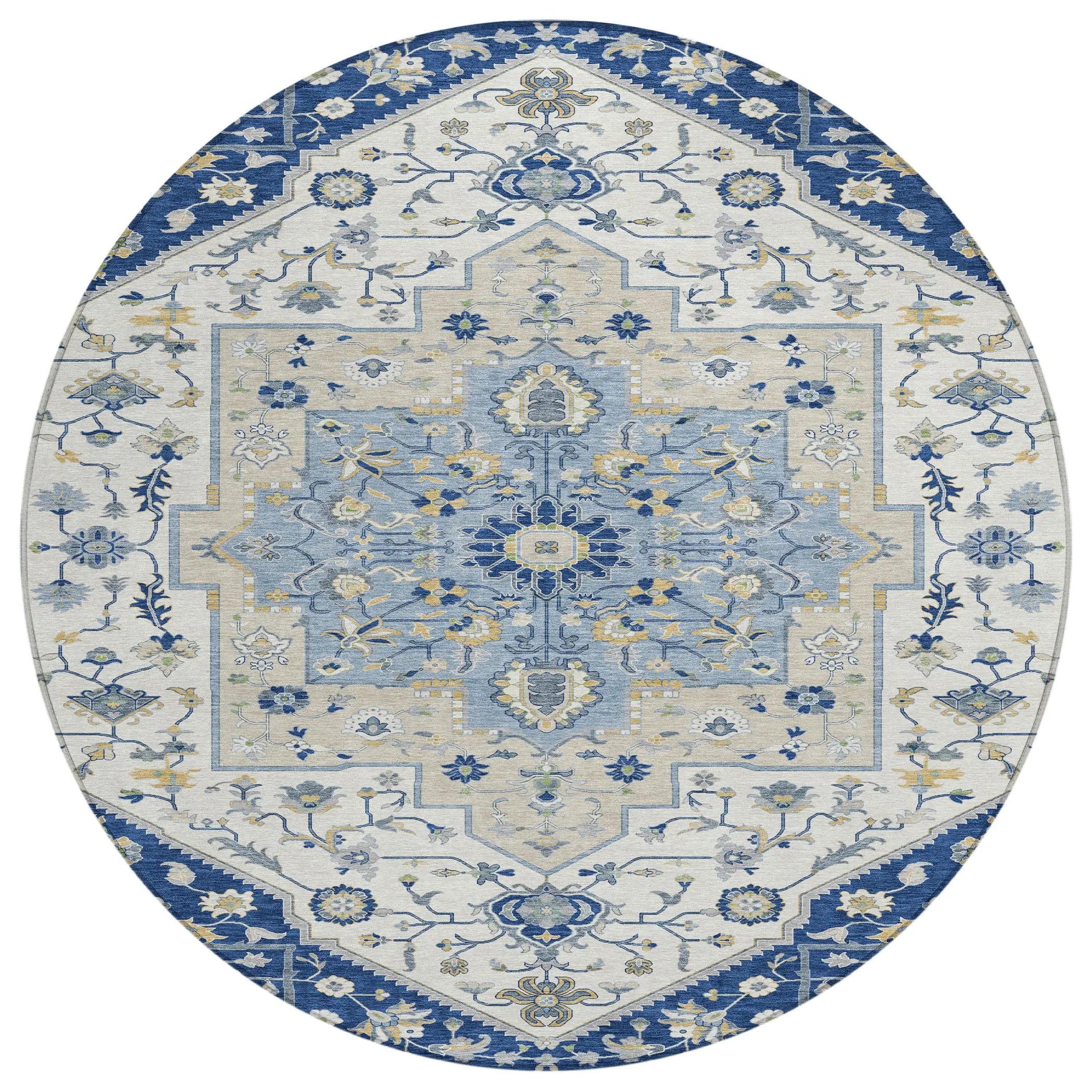 8' Navy Blue And Ivory Round Floral Medallion Washable Indoor Outdoor Area Rug Homeroots Outdoor