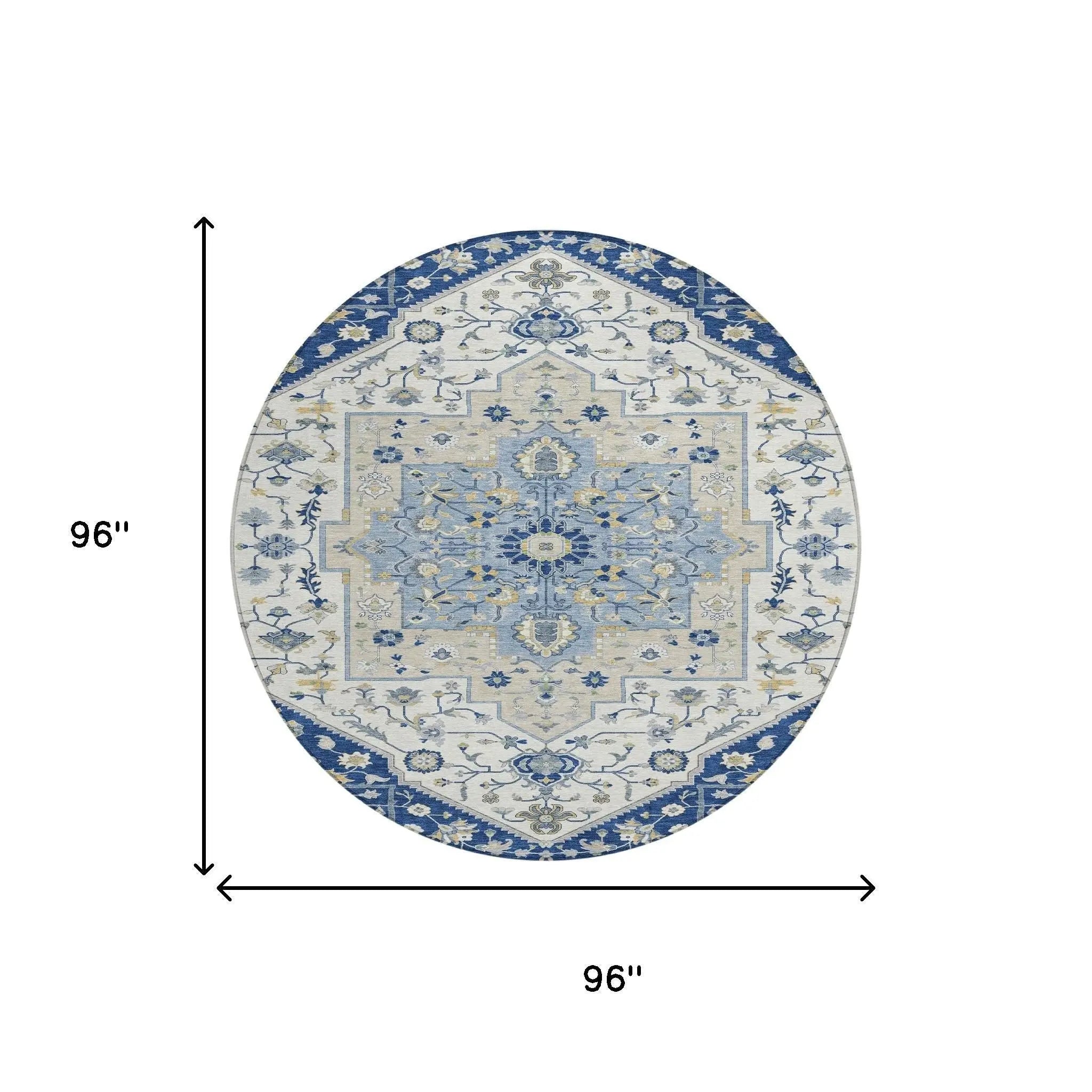 8' Navy Blue And Ivory Round Floral Medallion Washable Indoor Outdoor Area Rug Homeroots Outdoor