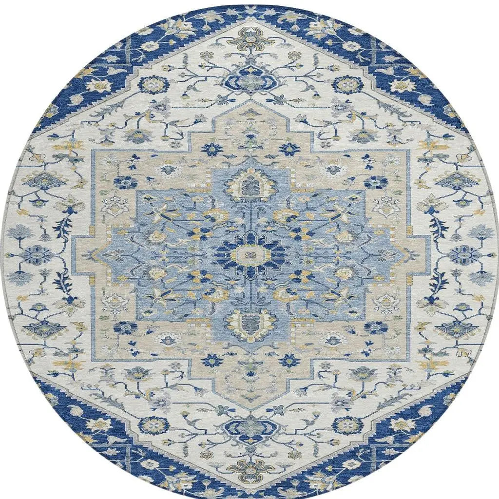 8' Navy Blue And Ivory Round Floral Medallion Washable Indoor Outdoor Area Rug Homeroots Outdoor
