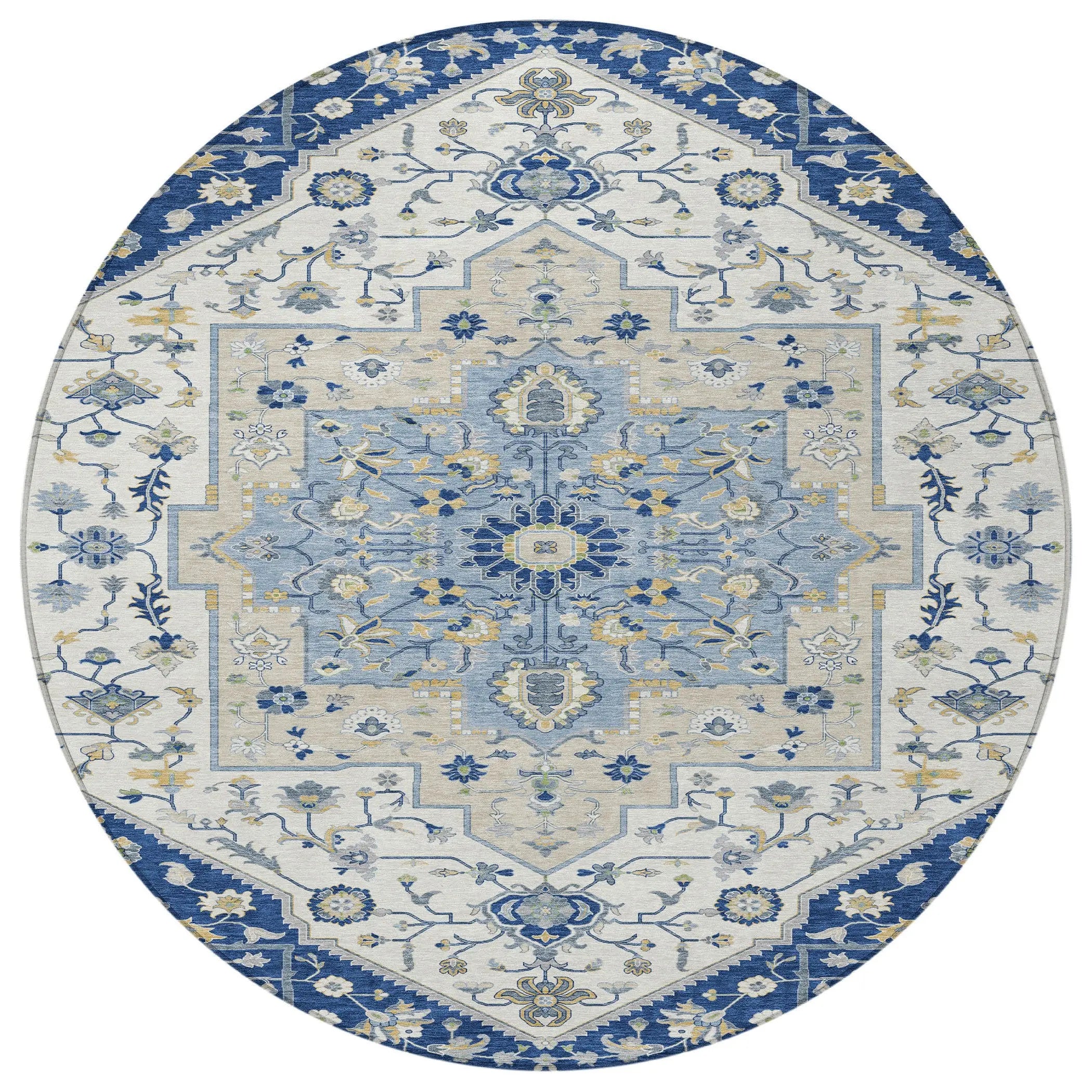8' Navy Blue And Ivory Round Floral Medallion Washable Indoor Outdoor Area Rug Homeroots Outdoor
