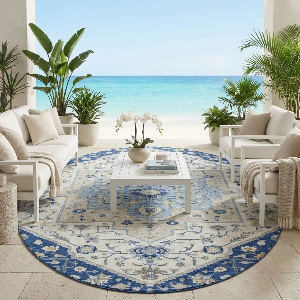 8' Navy Blue And Ivory Round Floral Medallion Washable Indoor Outdoor Area Rug Homeroots Outdoor
