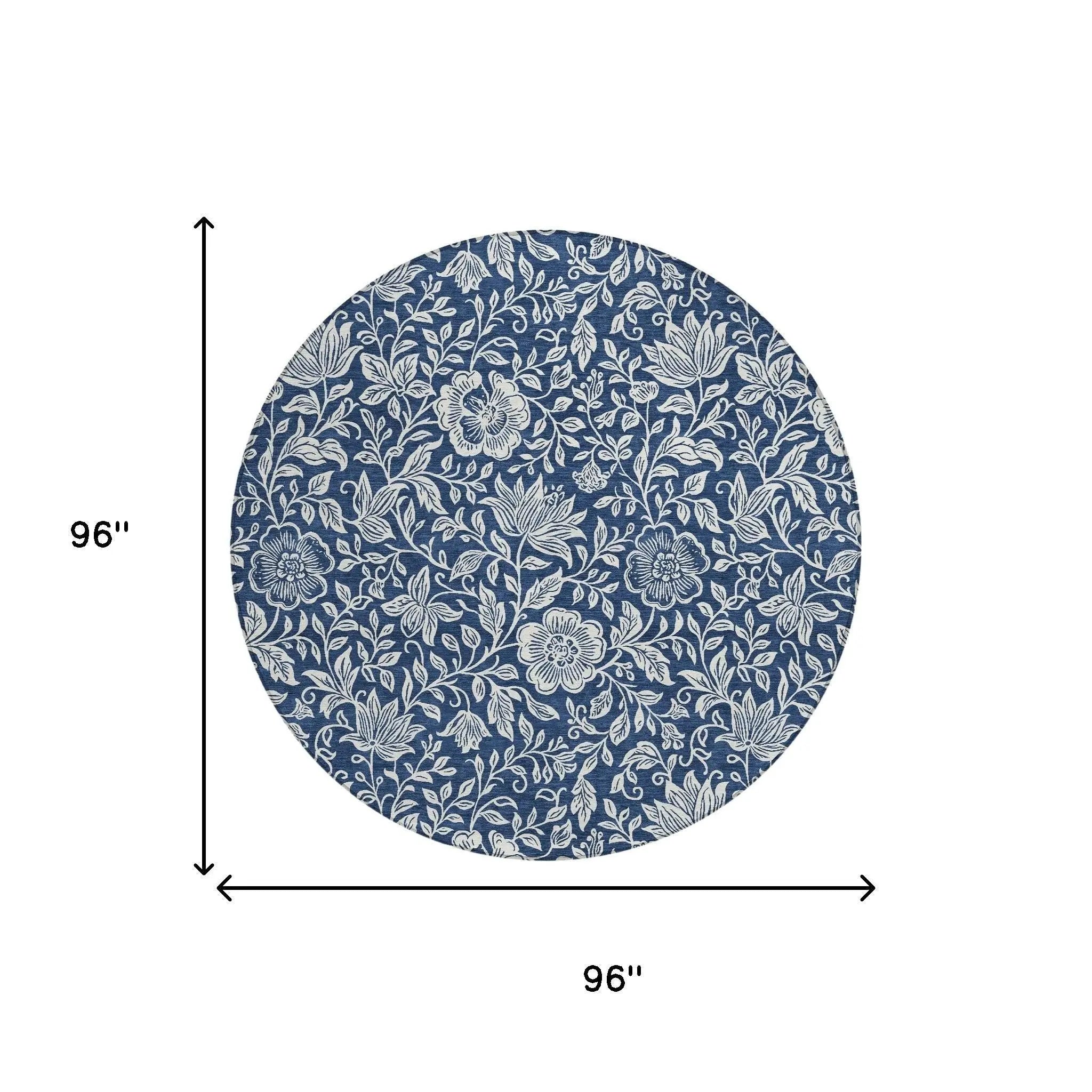 Navy blue round tablecloth featuring intricate floral patterns, measuring 96 inches in diameter, perfect for dining decor.