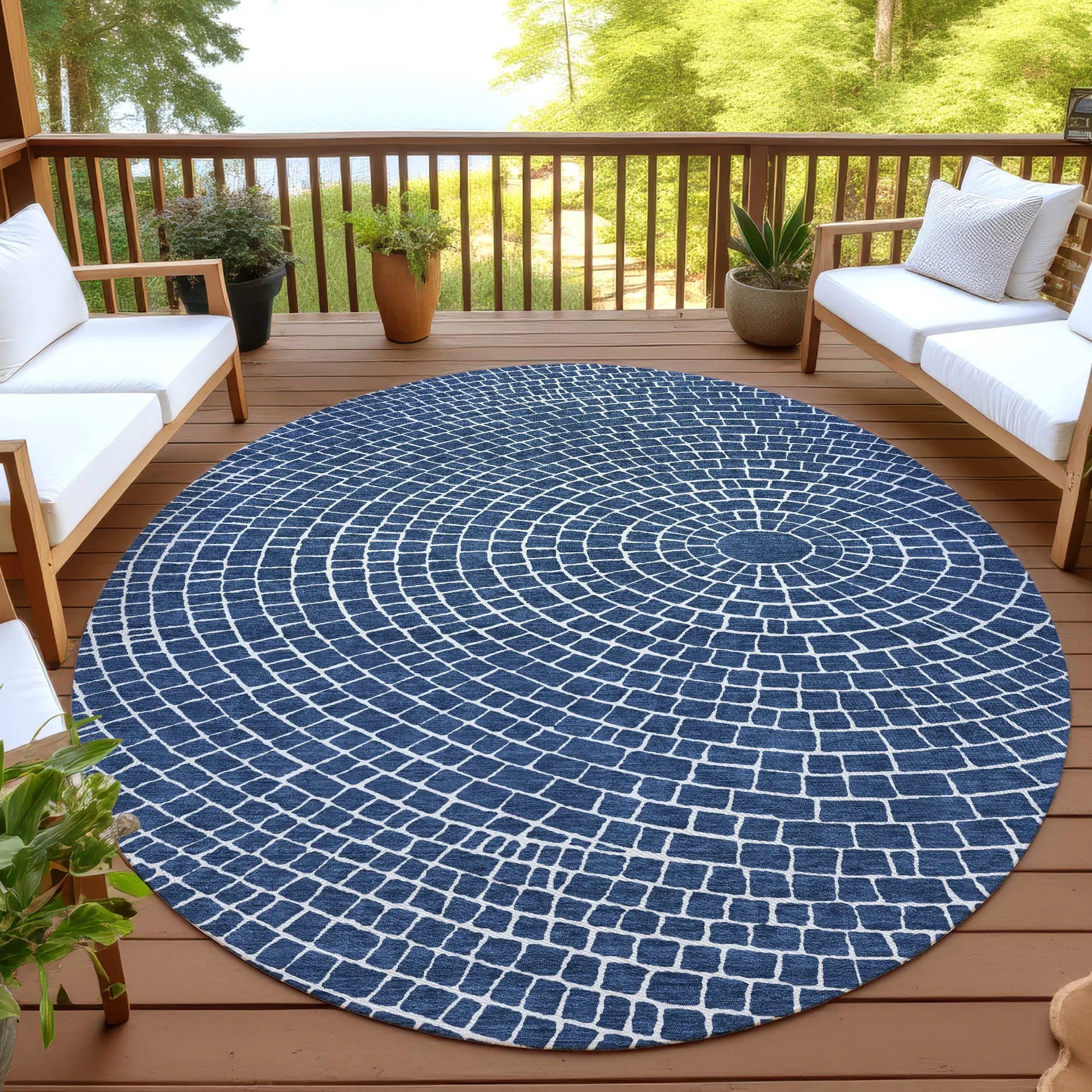 8' Navy Blue And Ivory Round Geometric Washable Indoor Outdoor Area Rug Homeroots Outdoor