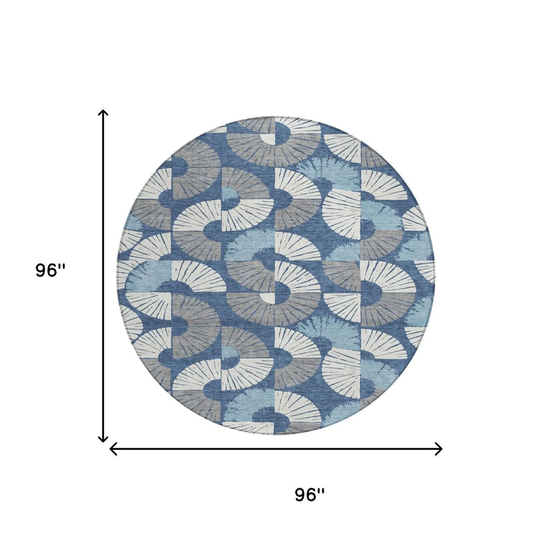 8' Navy Blue And Ivory Round Geometric Washable Indoor Outdoor Area Rug Homeroots Outdoor