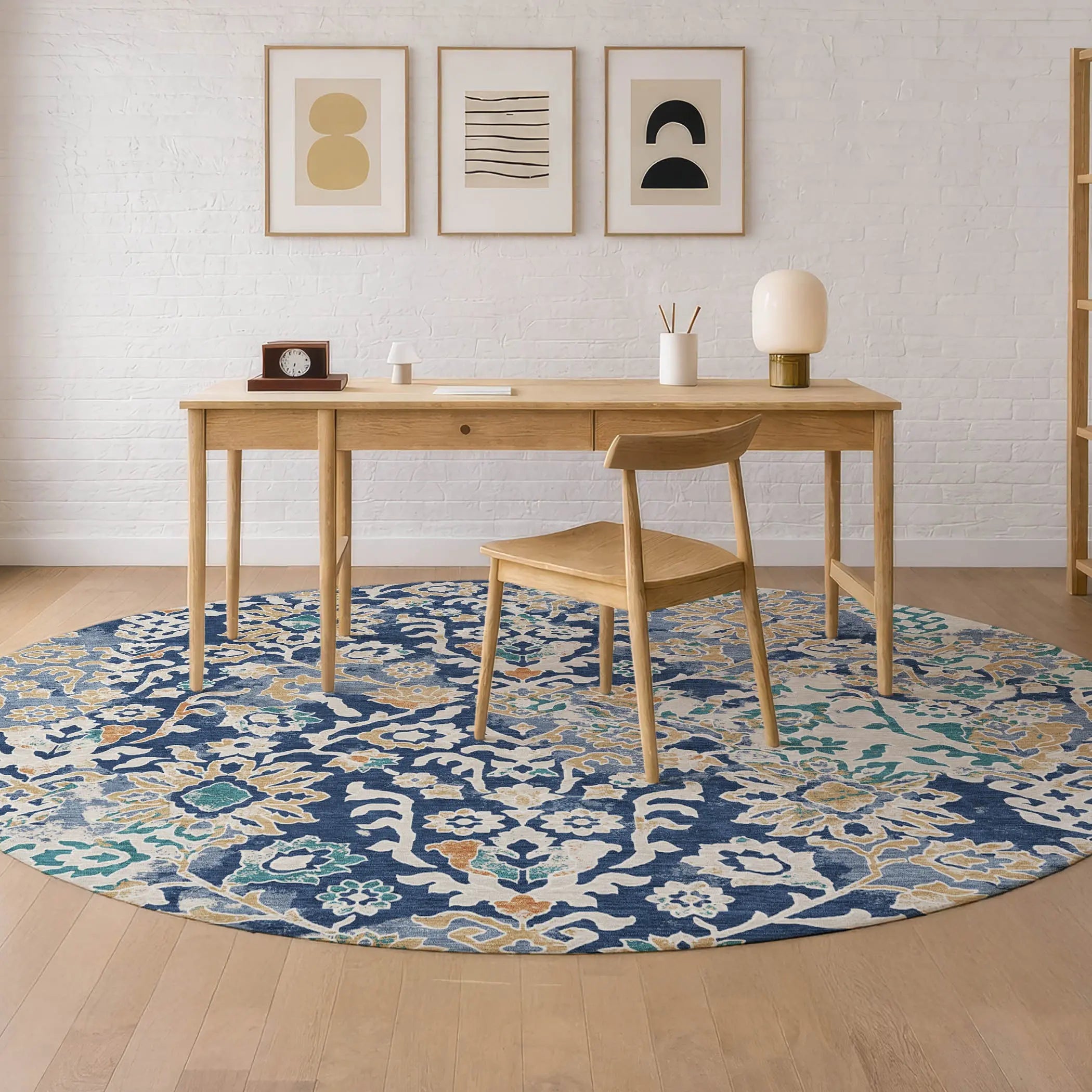 8' Navy Blue And Ivory Round Geometric Washable Indoor Outdoor Area Rug Homeroots Outdoor
