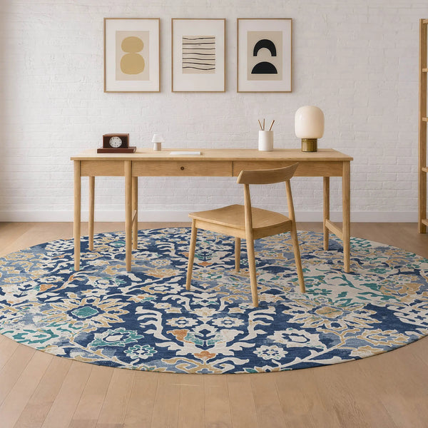 8' Navy Blue And Ivory Round Geometric Washable Indoor Outdoor Area Rug Homeroots Outdoor