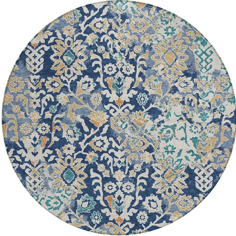 8' Navy Blue And Ivory Round Geometric Washable Indoor Outdoor Area Rug Homeroots Outdoor
