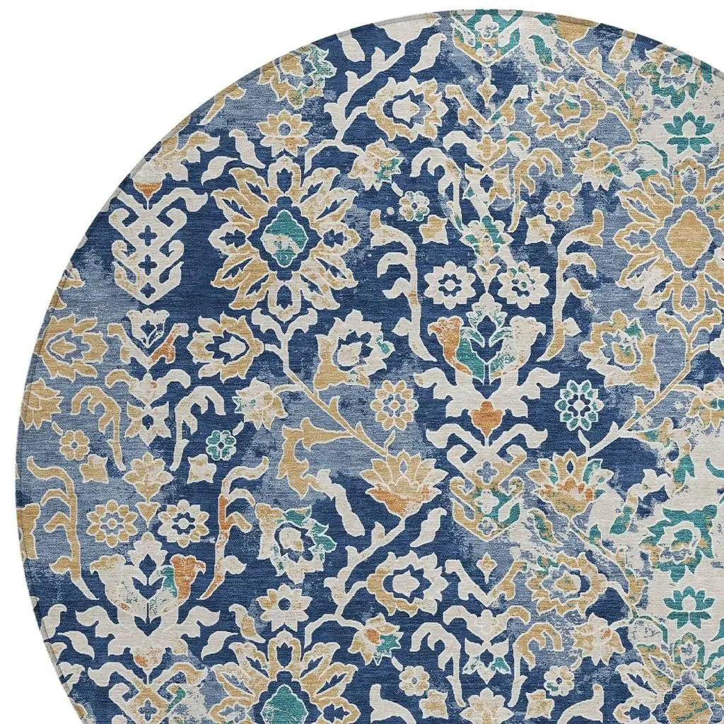 8' Navy Blue And Ivory Round Geometric Washable Indoor Outdoor Area Rug Homeroots Outdoor