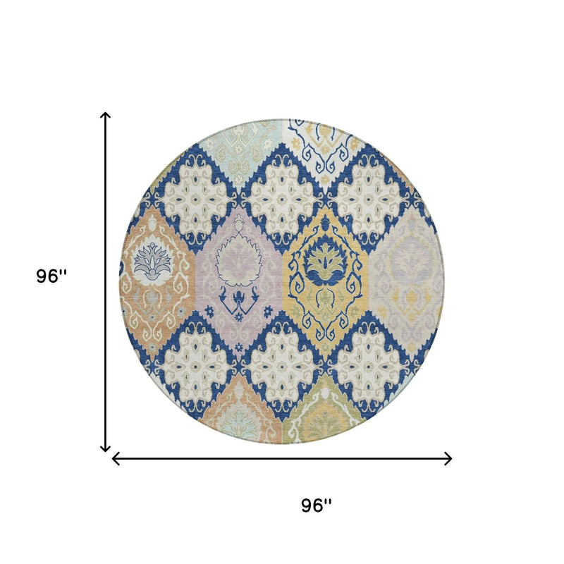 8' Navy Blue And Ivory Round Geometric Washable Indoor Outdoor Area Rug Homeroots Outdoor