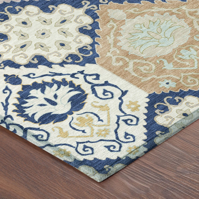 8' Navy Blue And Ivory Round Geometric Washable Indoor Outdoor Area Rug Homeroots Outdoor