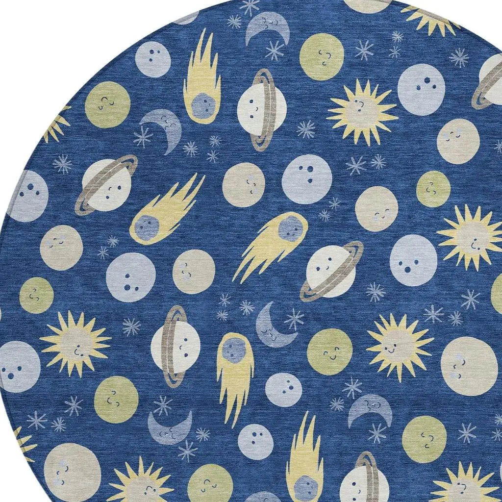 8' Navy Blue And Ivory Round Geometric Washable Indoor Outdoor Area Rug Homeroots Outdoor