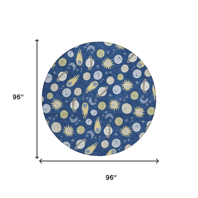 8' Navy Blue And Ivory Round Geometric Washable Indoor Outdoor Area Rug Homeroots Outdoor