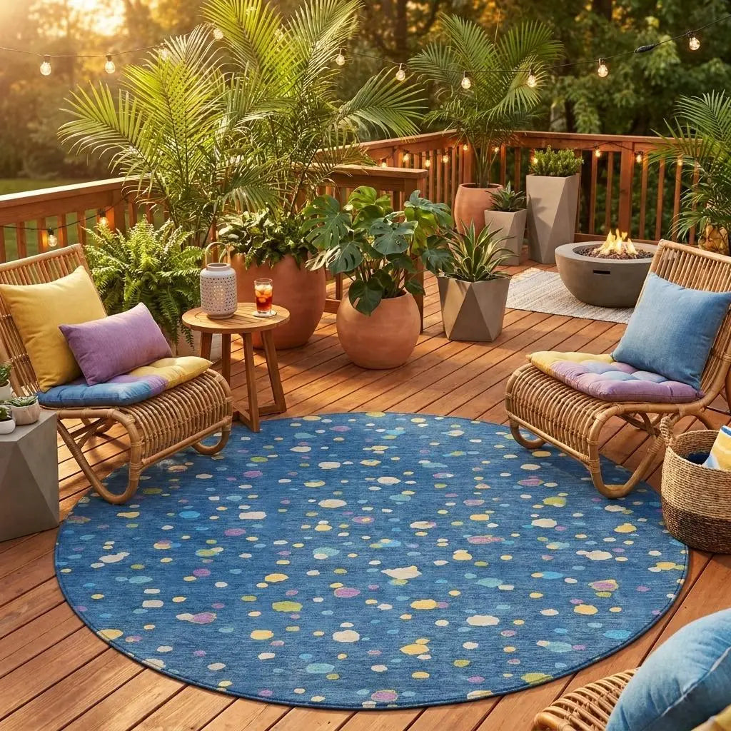 8' Navy Blue And Ivory Round Geometric Washable Indoor Outdoor Area Rug Homeroots Outdoor